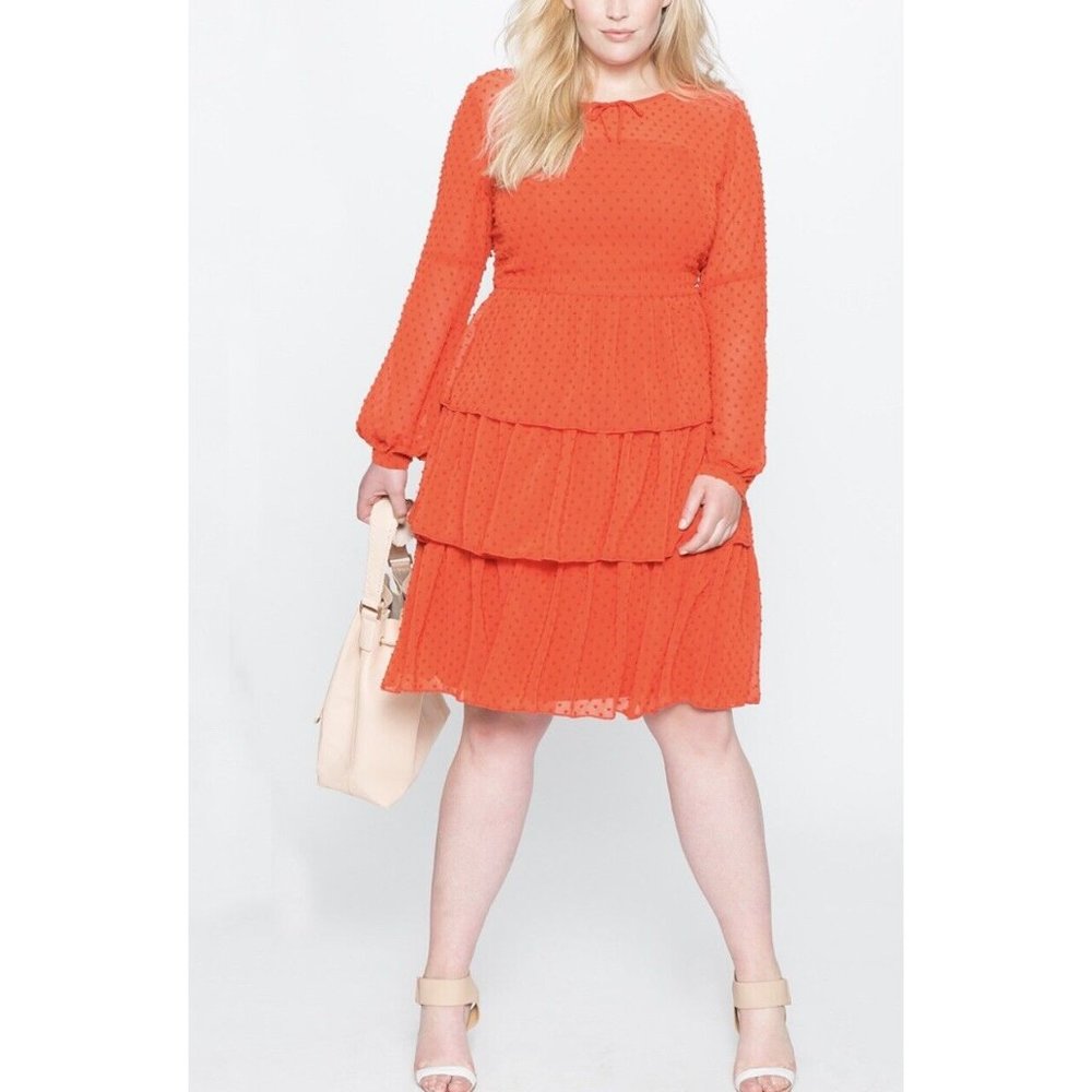 NWT Eloquii Women's Orange Swiss Dot Bohemian Studio Tiered Ruffle Dress Sz 20